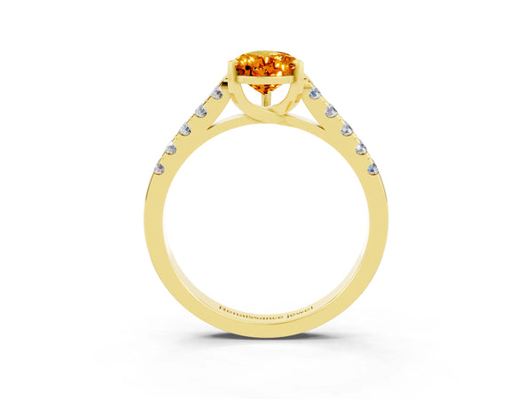 Yellow gold Pear Cut Citrine Pavé Band Solitaire Ring with Prong Setting