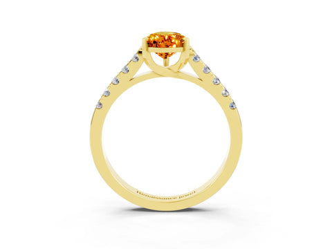 Yellow gold {shape_name} Citrine Solitaire Ring with Pavé Band and Four-Prong Setting_3