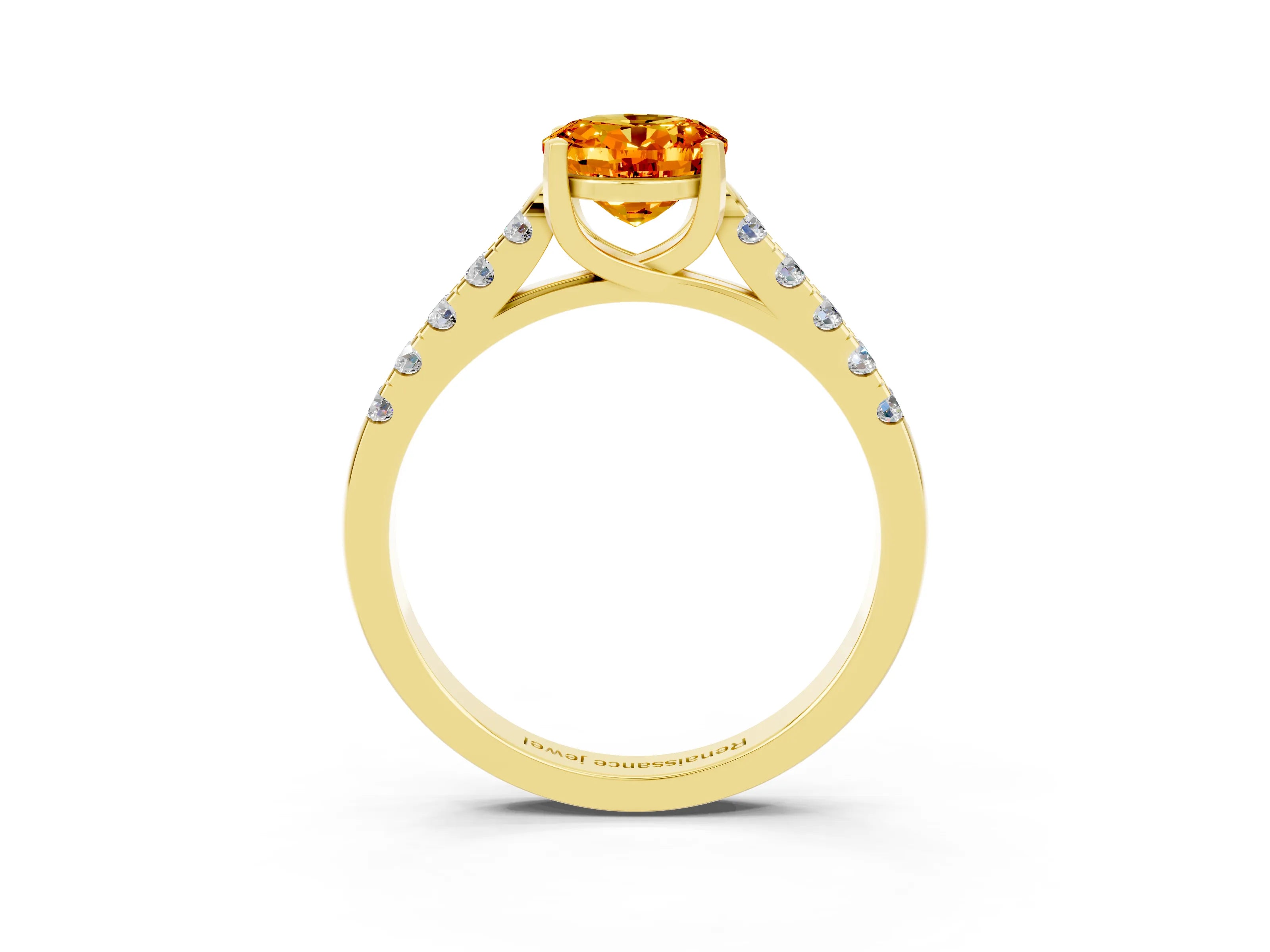 Yellow gold {shape_name} Citrine Solitaire Ring with Pavé Band and Four-Prong Setting_3