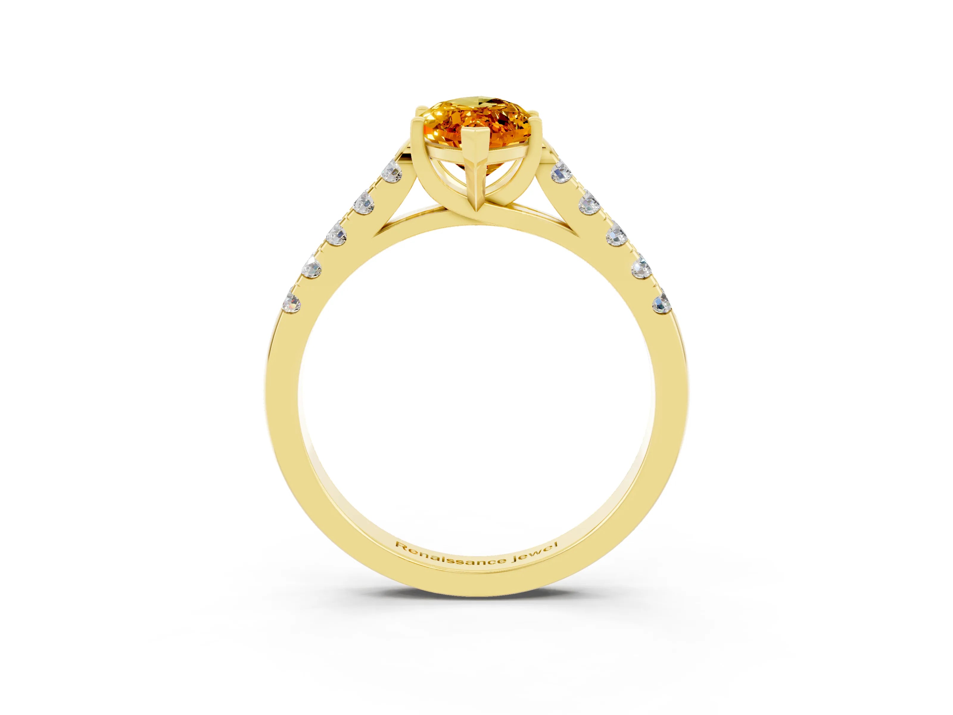 Yellow gold {shape_name} Citrine Solitaire Ring with Pavé Band and Four-Prong Setting_3