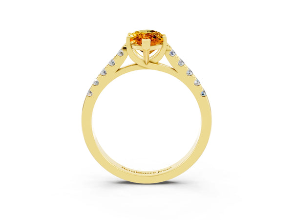 Yellow gold Marquise Cut Citrine Pavé Band Solitaire Ring with Prong Setting