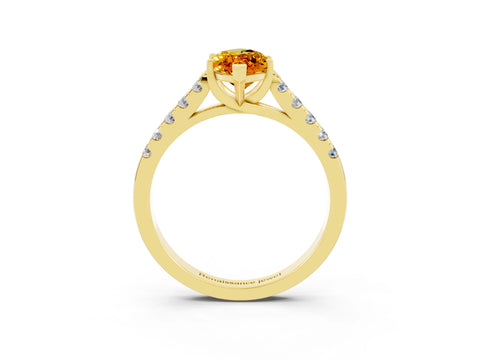 Yellow gold {shape_name} Citrine Solitaire Ring with Pavé Band and Four-Prong Setting_3