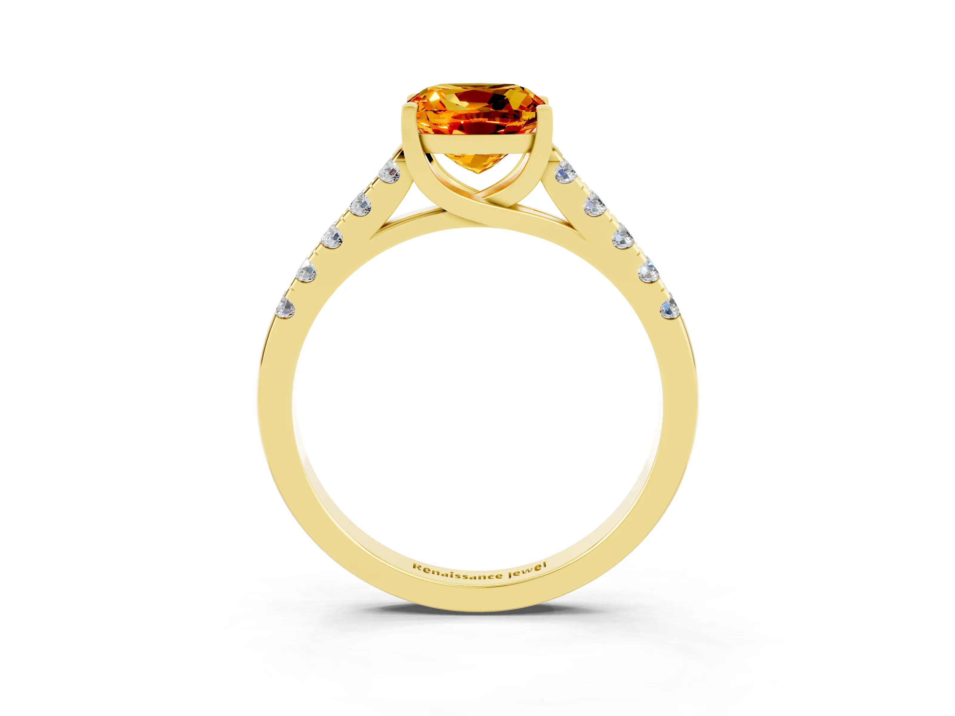 Yellow gold {shape_name} Citrine Solitaire Ring with Pavé Band and Four-Prong Setting_3