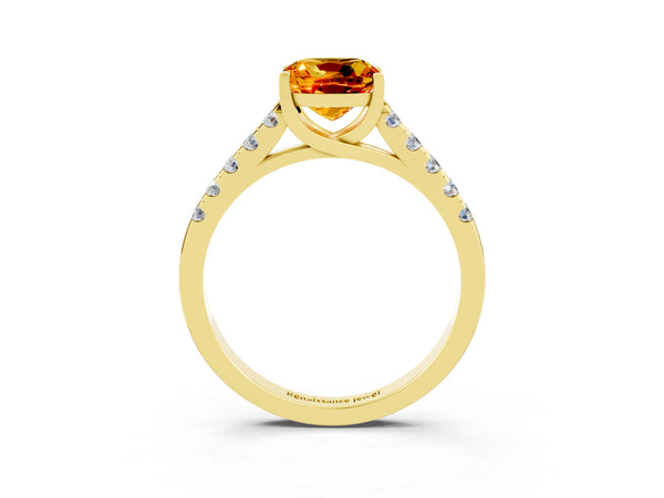 Yellow gold Cushion Cut Citrine Pavé Band Solitaire Ring with Prong Setting