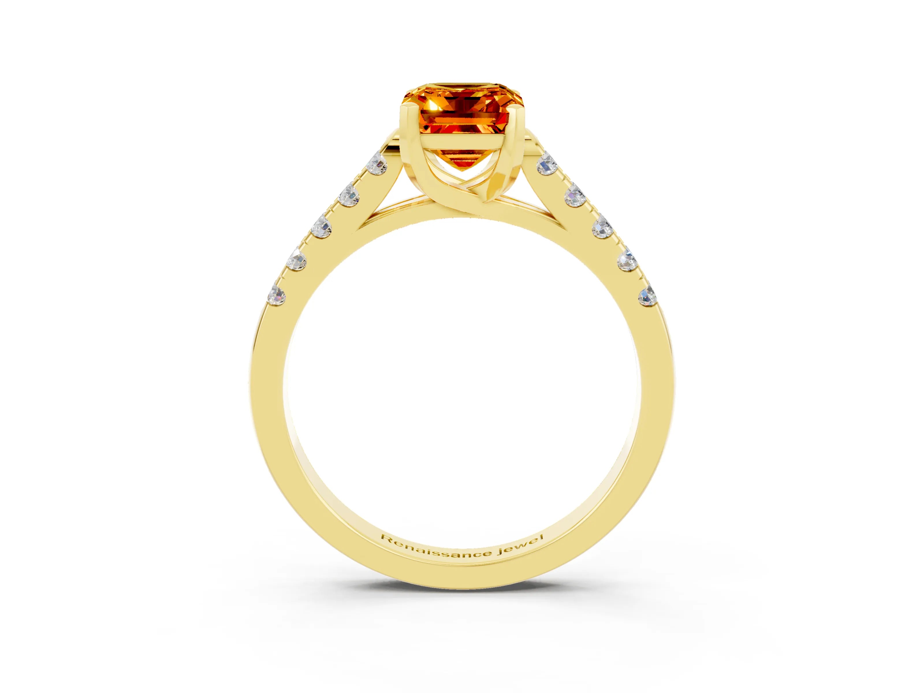 Yellow gold {shape_name} Citrine Solitaire Ring with Pavé Band and Four-Prong Setting_3
