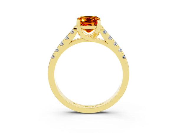 Yellow gold Emerald Cut Citrine Pavé Band Solitaire Ring with Prong Setting