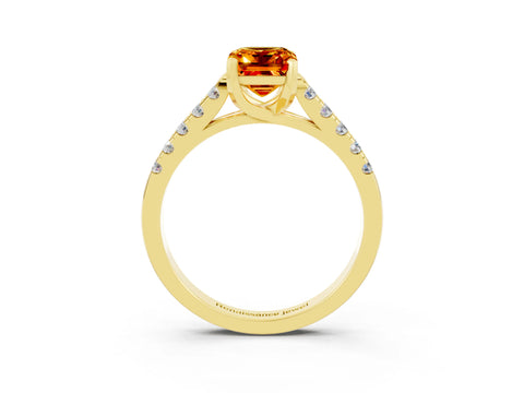 Yellow gold {shape_name} Citrine Solitaire Ring with Pavé Band and Four-Prong Setting_3
