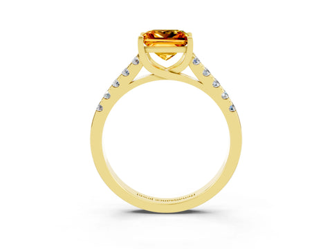 Yellow gold {shape_name} Citrine Solitaire Ring with Pavé Band and Four-Prong Setting_3