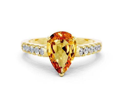 Yellow gold {shape_name} Citrine Solitaire Ring with Pavé Band and Four-Prong Setting