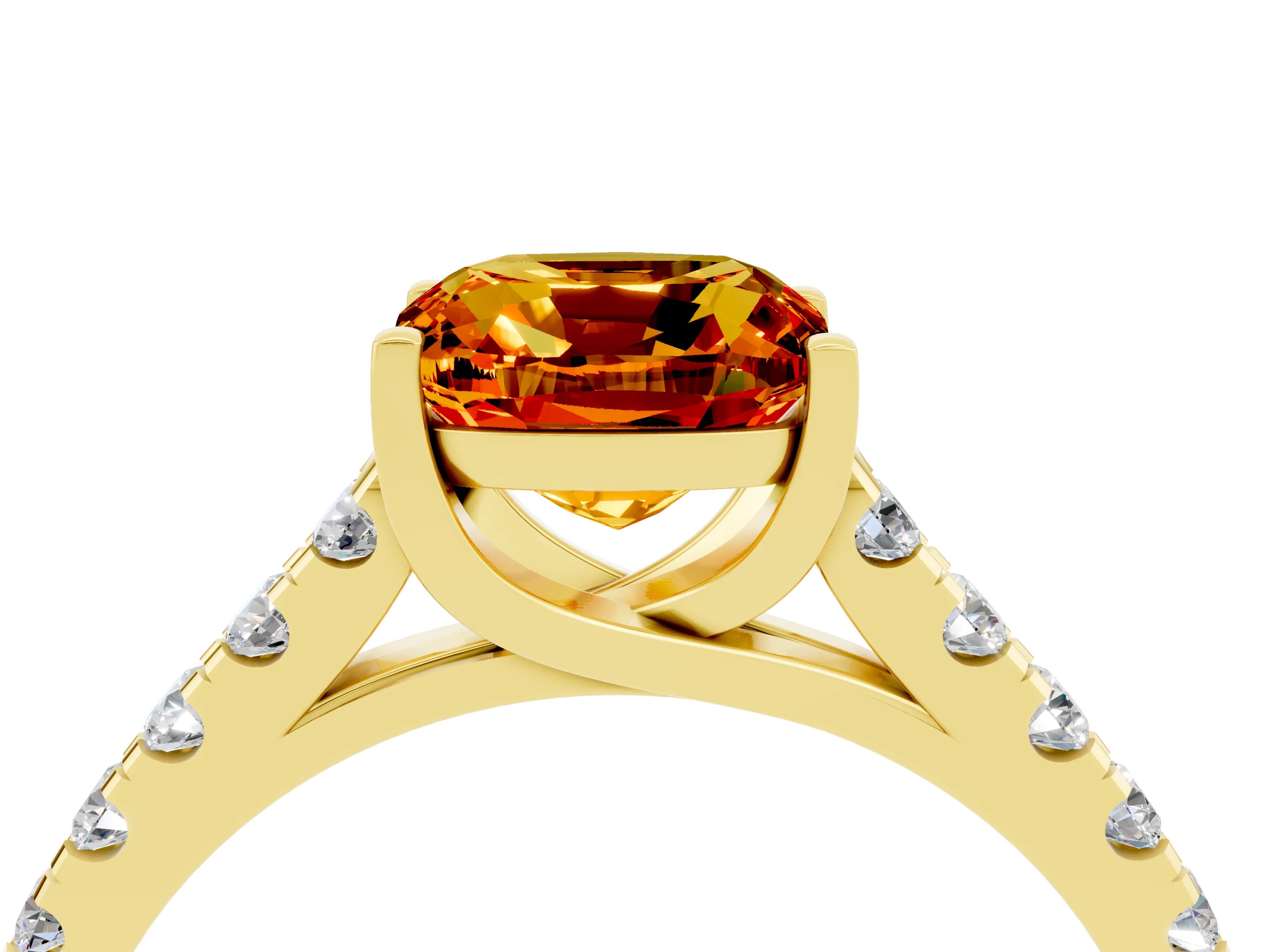 Yellow gold {shape_name} Citrine Solitaire Ring with Pavé Band and Four-Prong Setting_4