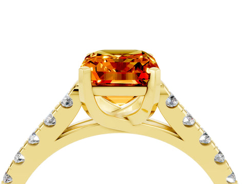 Yellow gold {shape_name} Citrine Solitaire Ring with Pavé Band and Four-Prong Setting_4