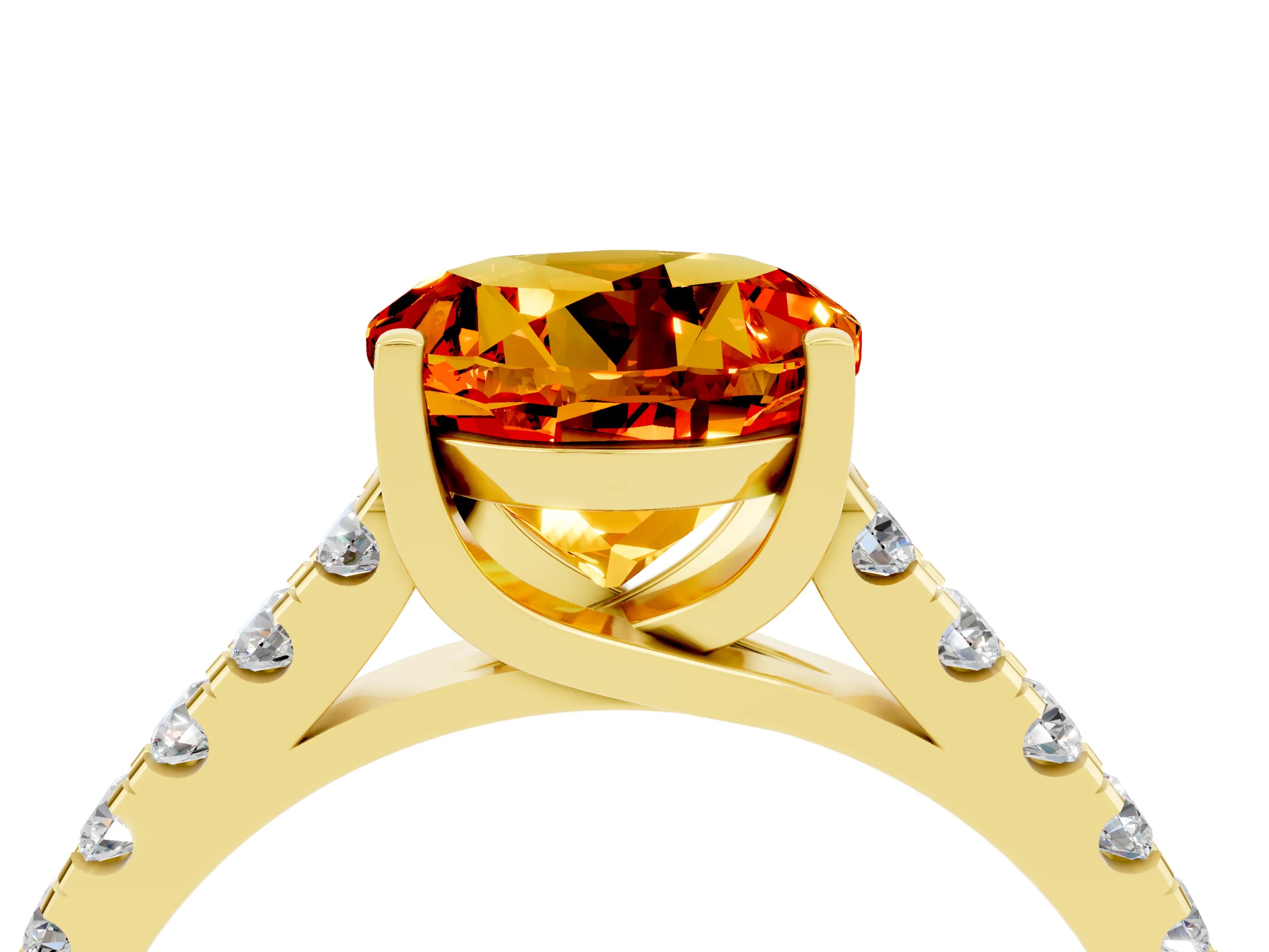 Yellow gold {shape_name} Citrine Solitaire Ring with Pavé Band and Four-Prong Setting_4