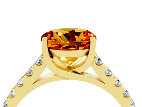 Yellow gold {shape_name} Citrine Solitaire Ring with Pavé Band and Four-Prong Setting_4
