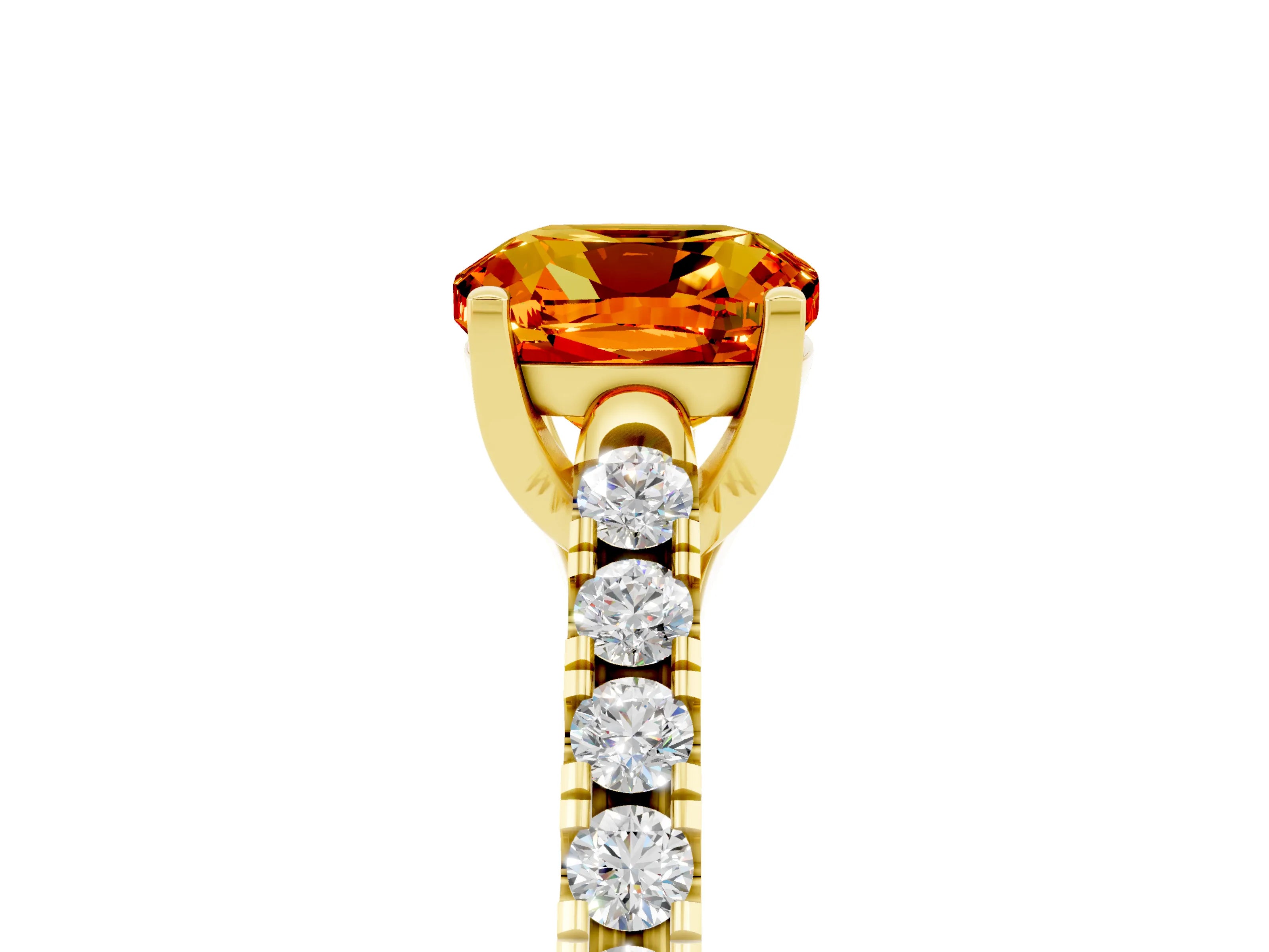 Yellow gold {shape_name} Citrine Solitaire Ring with Pavé Band and Four-Prong Setting_5