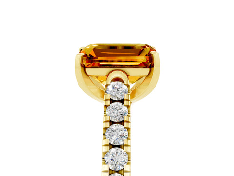 Yellow gold {shape_name} Citrine Solitaire Ring with Pavé Band and Four-Prong Setting_5