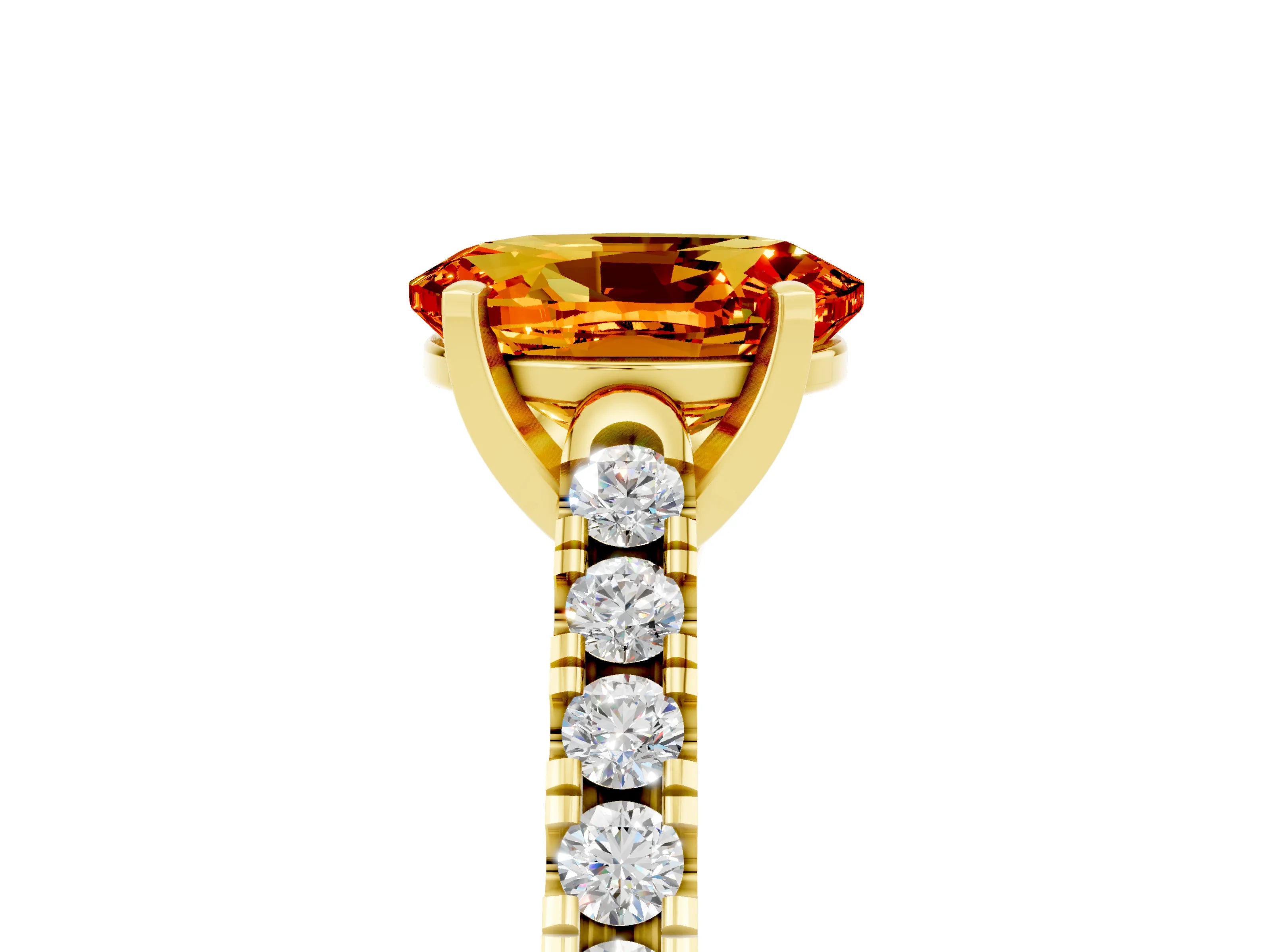 Yellow gold {shape_name} Citrine Solitaire Ring with Pavé Band and Four-Prong Setting_5
