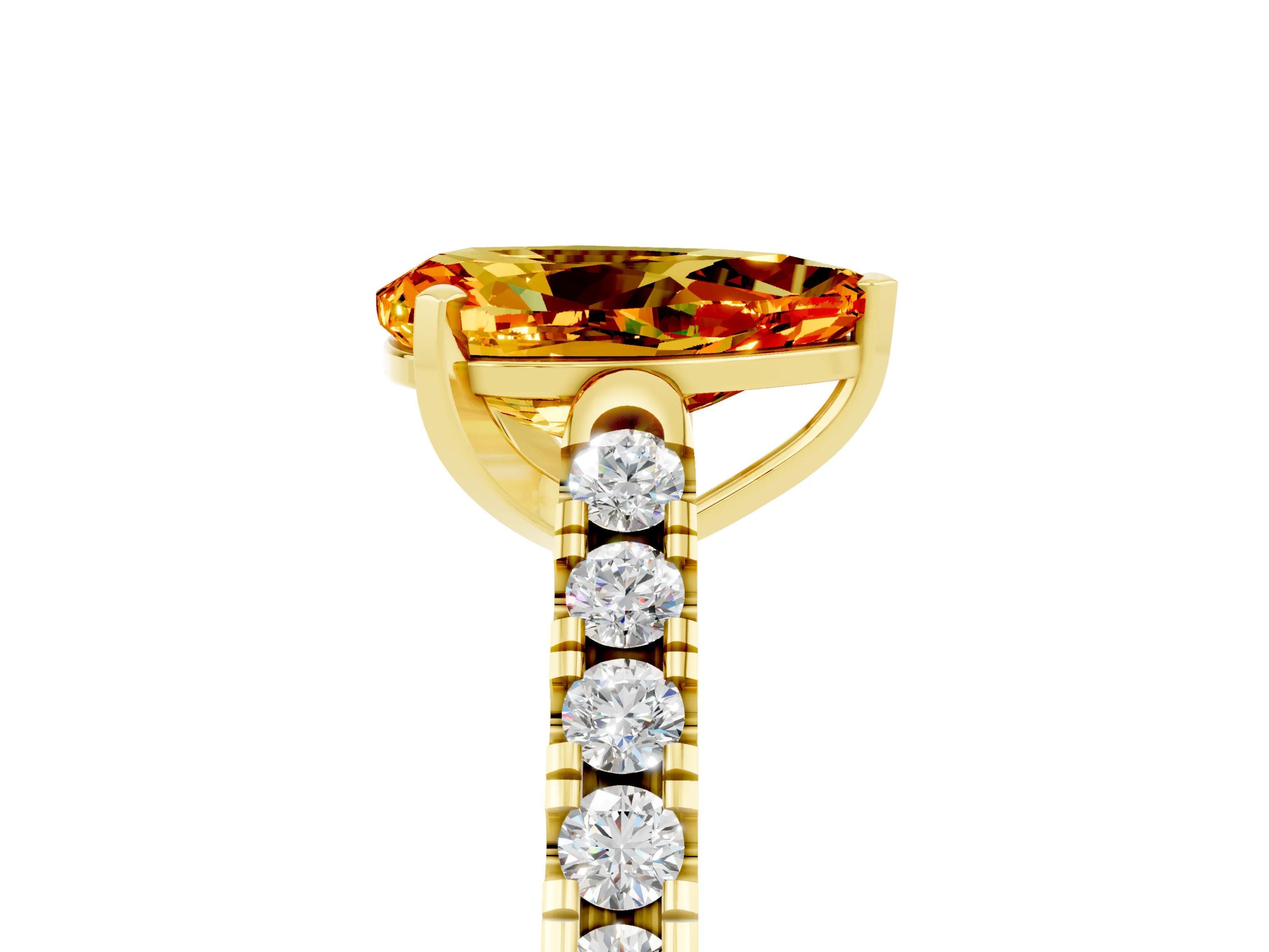 Yellow gold {shape_name} Citrine Solitaire Ring with Pavé Band and Four-Prong Setting_5