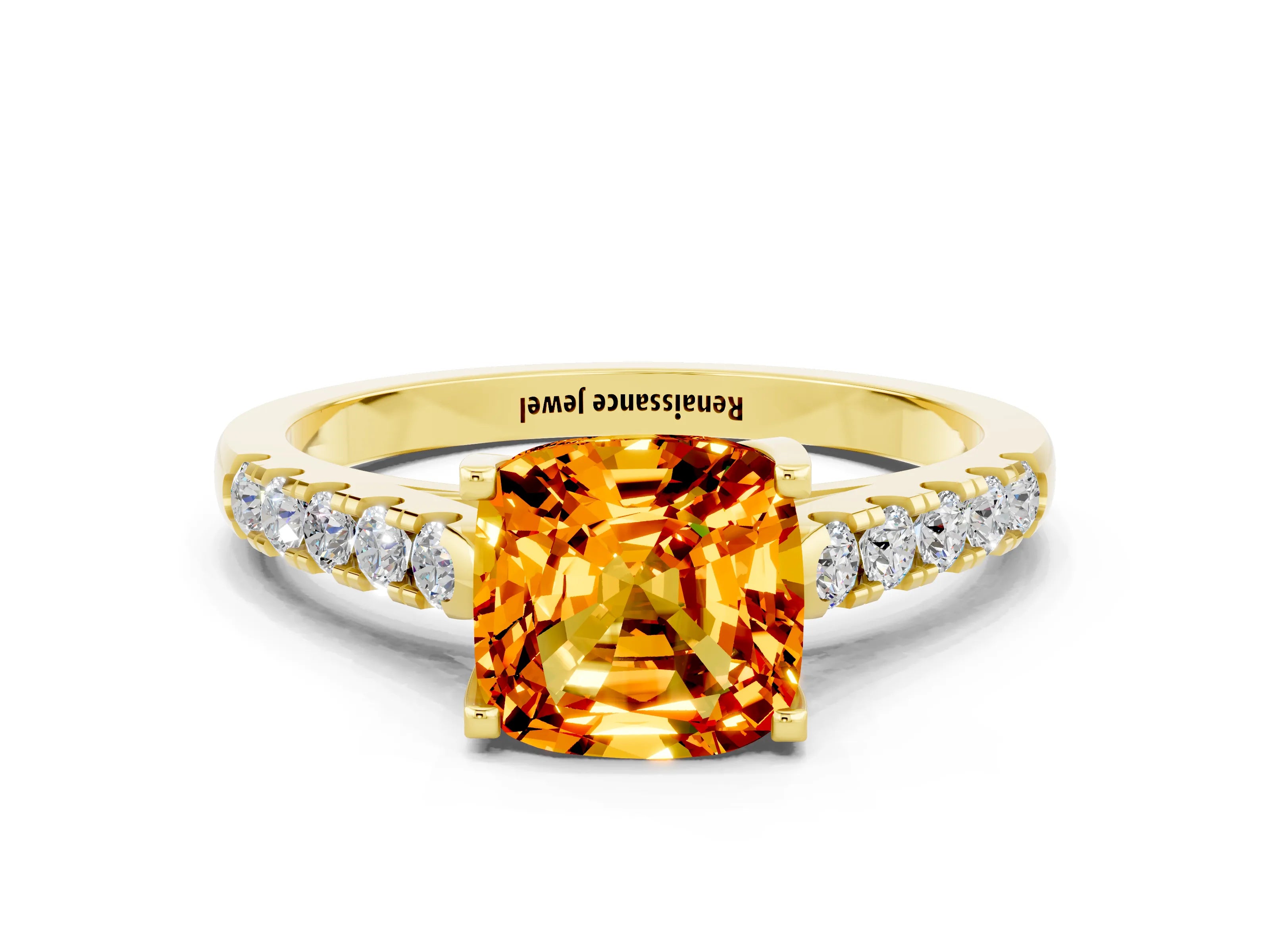 Yellow gold {shape_name} Citrine Solitaire Ring with Pavé Band and Four-Prong Setting