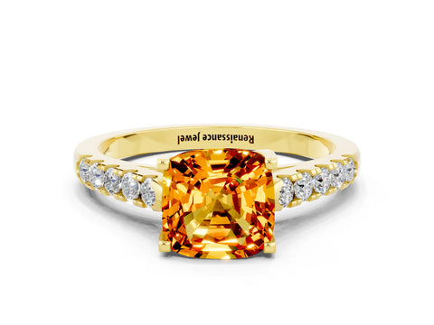 Yellow gold {shape_name} Citrine Solitaire Ring with Pavé Band and Four-Prong Setting