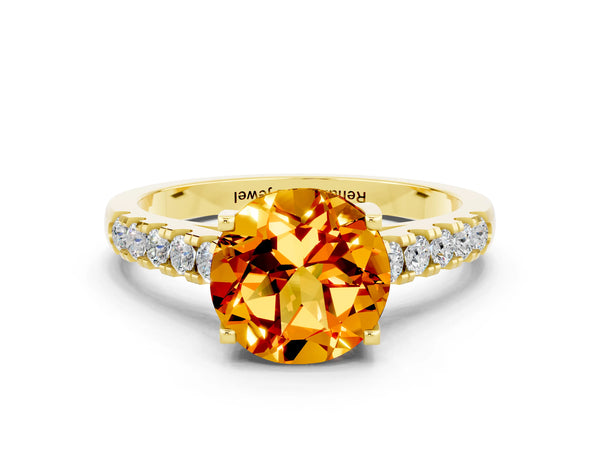 Yellow gold Round Cut Citrine Pavé Band Solitaire Ring with Prong Setting