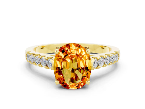 Yellow gold {shape_name} Citrine Solitaire Ring with Pavé Band and Four-Prong Setting