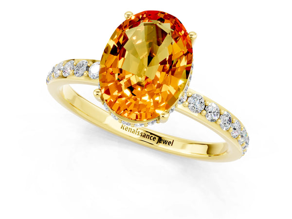 Yellow gold Oval Cut Citrine Solitaire Ring with Pavé Band and Hidden Halo