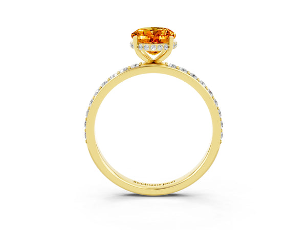 Yellow gold Oval Cut Citrine Solitaire Ring with Pavé Band and Hidden Halo