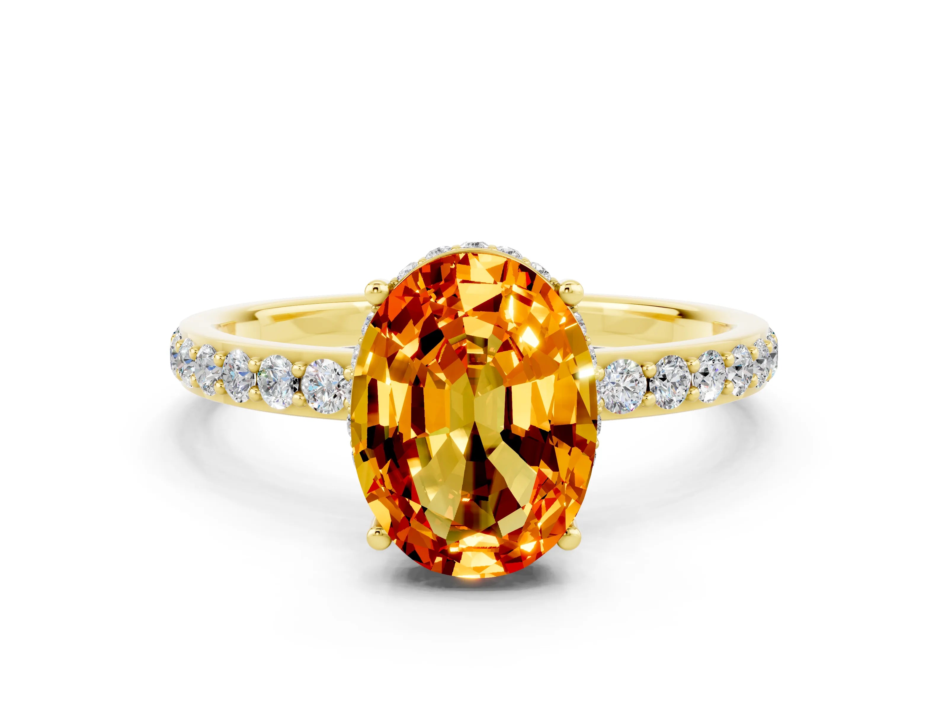 Yellow gold {shape_name} Citrine Solitaire Ring with Pavé Band and Hidden Halo