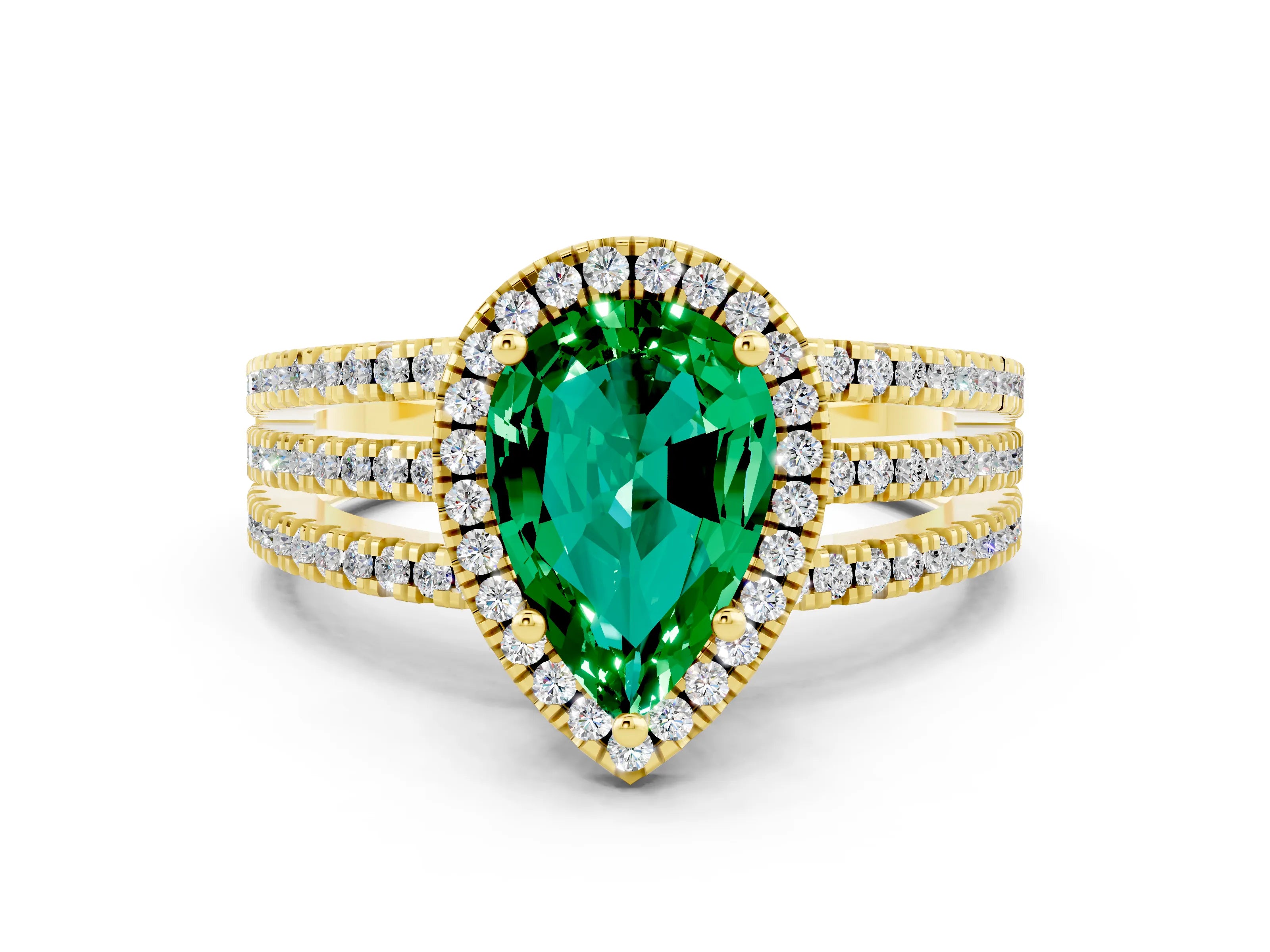 Yellow gold {shape_name} Emerald Halo Engagement Ring with Split Shank and Four-Prong Setting