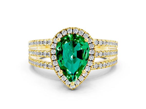 Yellow gold Pear Cut Emerald Halo Engagement Ring with Split Shank and Four-Prong Setting