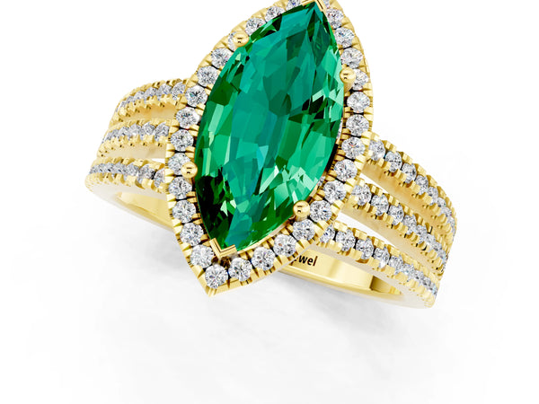 Yellow gold Marquise Cut Emerald Halo Engagement Ring with Split Shank and Four-Prong Setting