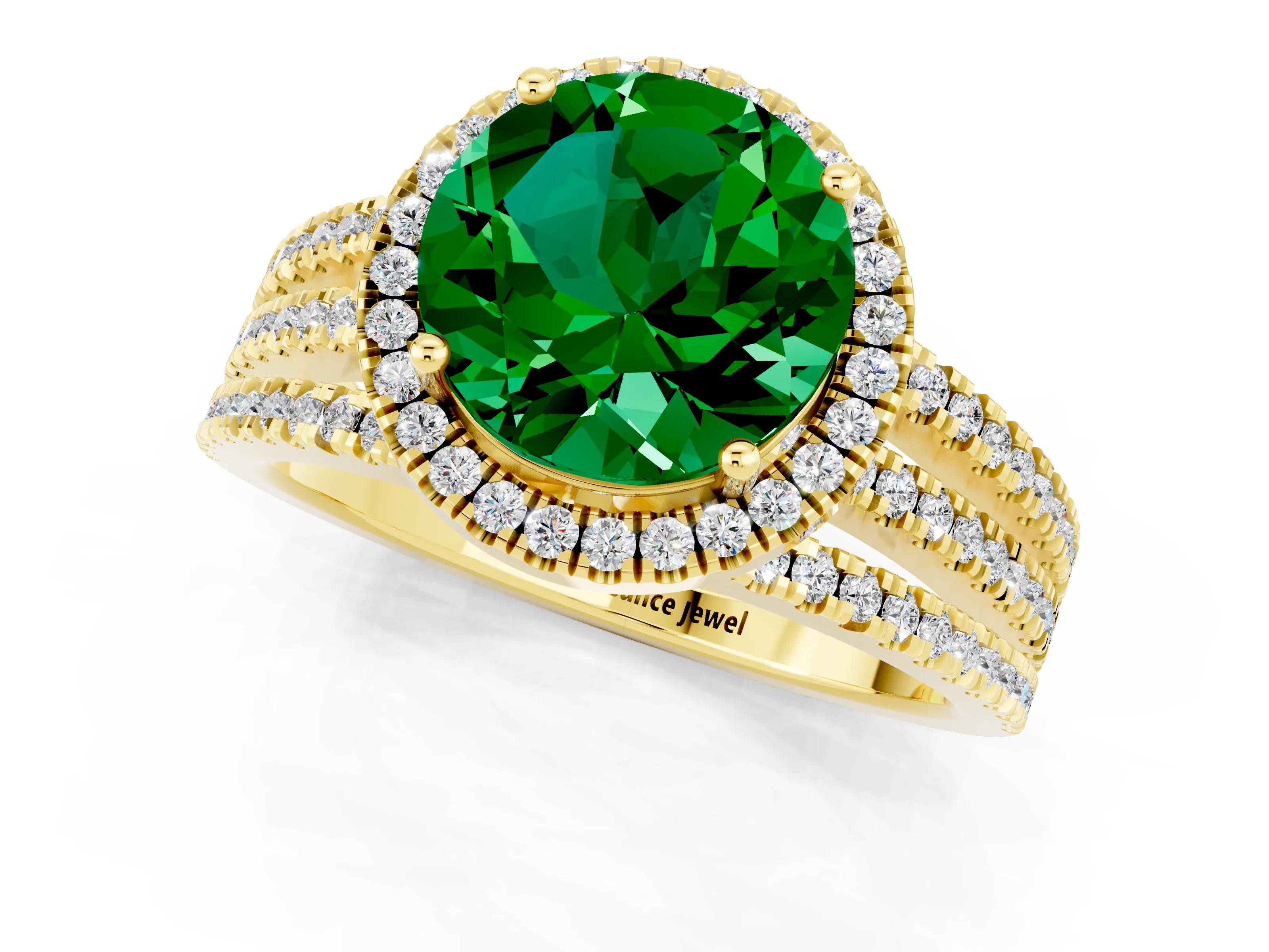 Yellow gold {shape_name} Emerald Halo Engagement Ring with Split Shank and Four-Prong Setting_1