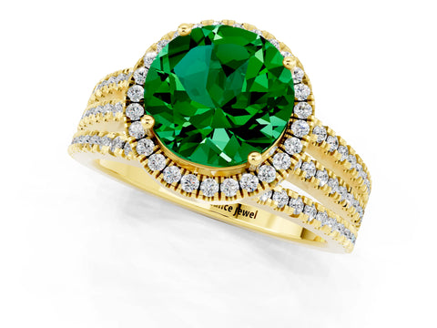 Yellow gold {shape_name} Emerald Halo Engagement Ring with Split Shank and Four-Prong Setting_1