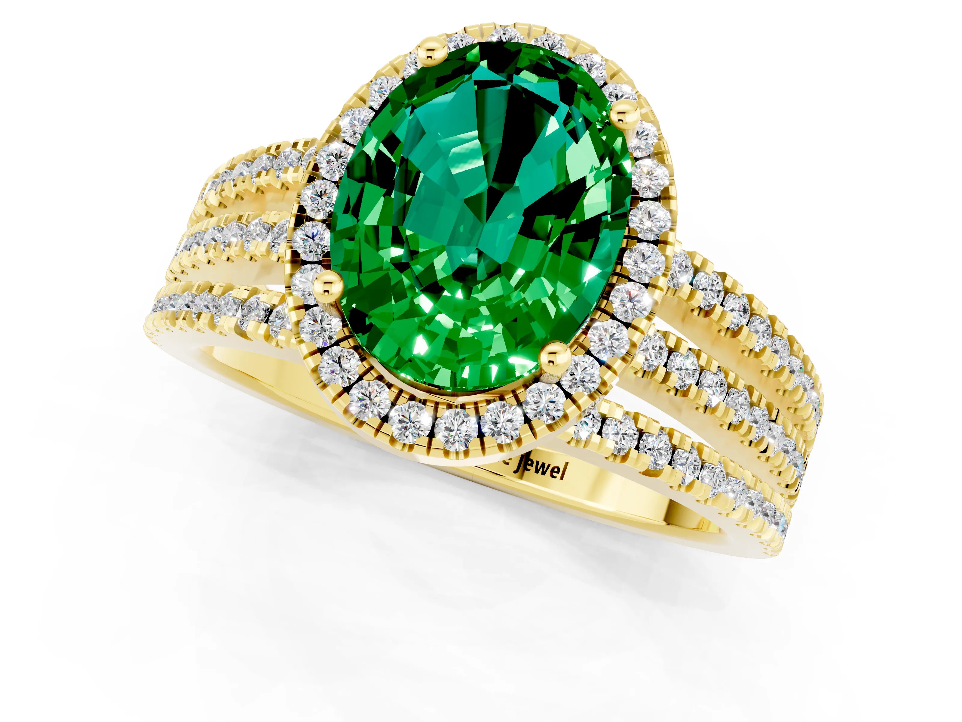 Yellow gold {shape_name} Emerald Halo Engagement Ring with Split Shank and Four-Prong Setting_1