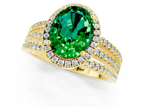 Yellow gold {shape_name} Emerald Halo Engagement Ring with Split Shank and Four-Prong Setting_1