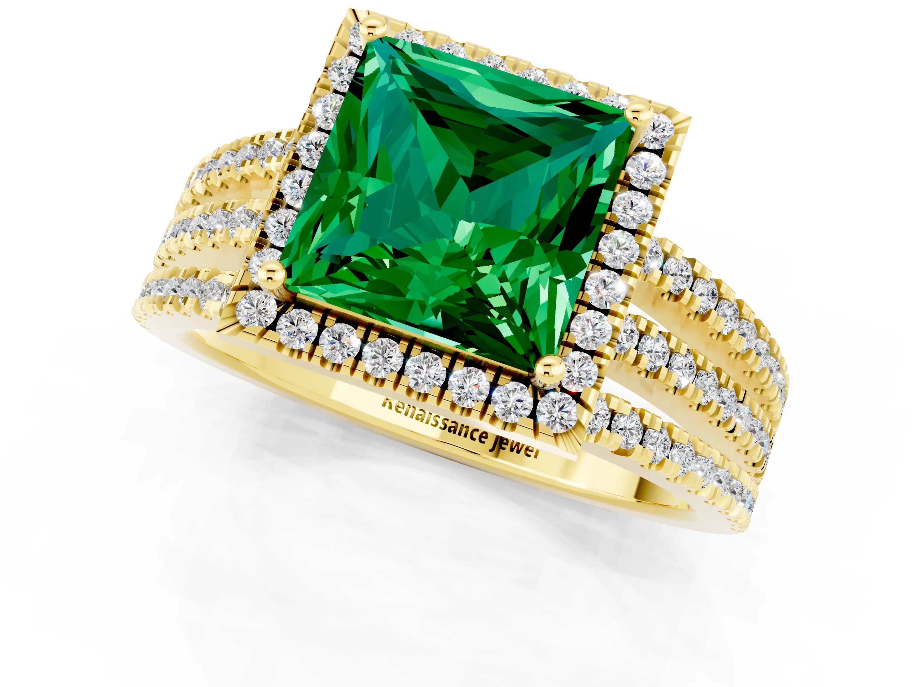Yellow gold {shape_name} Emerald Halo Engagement Ring with Split Shank and Four-Prong Setting_1