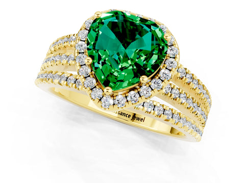 Yellow gold {shape_name} Emerald Halo Engagement Ring with Split Shank and Four-Prong Setting_1