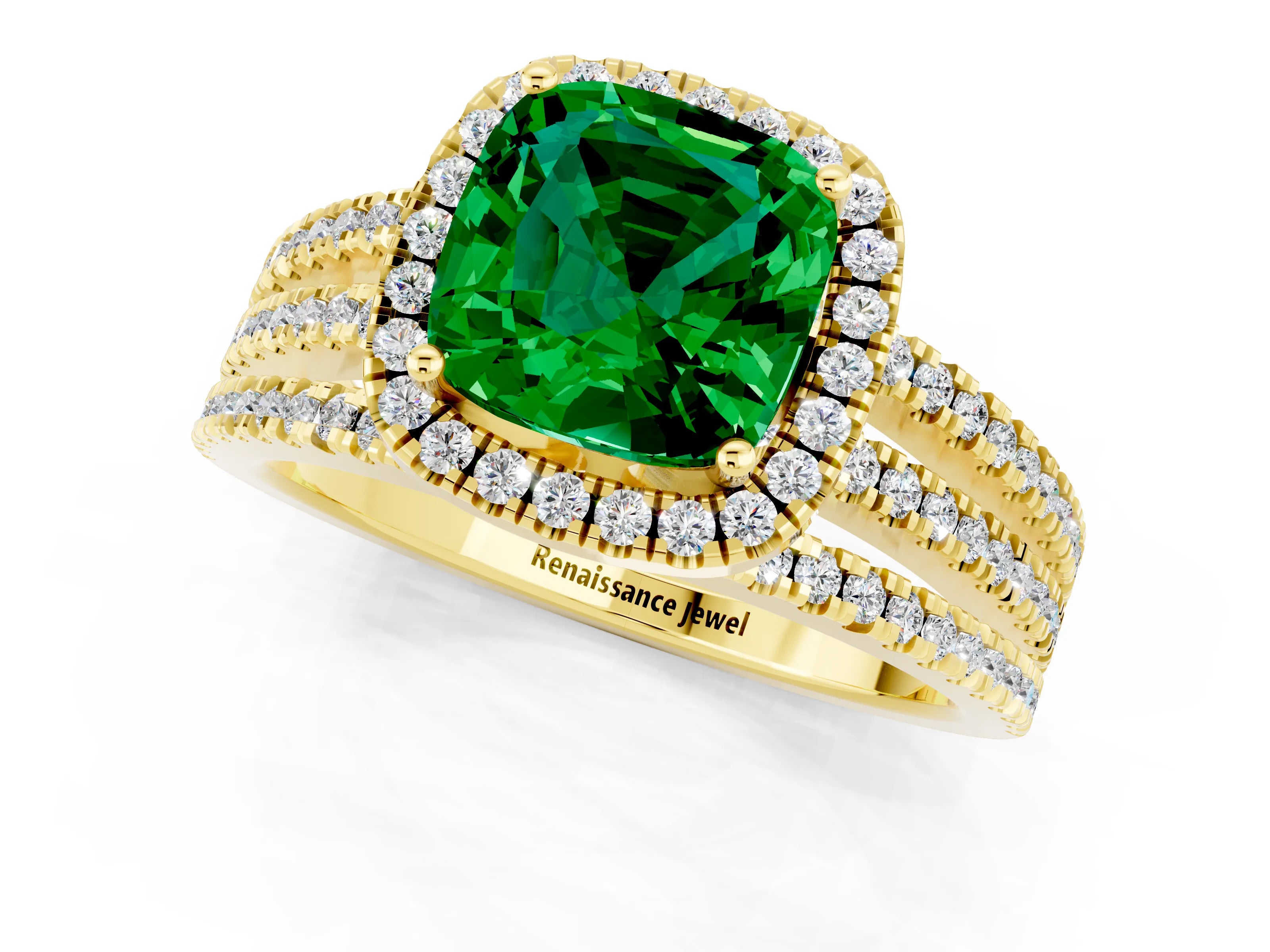 Yellow gold {shape_name} Emerald Halo Engagement Ring with Split Shank and Four-Prong Setting_1