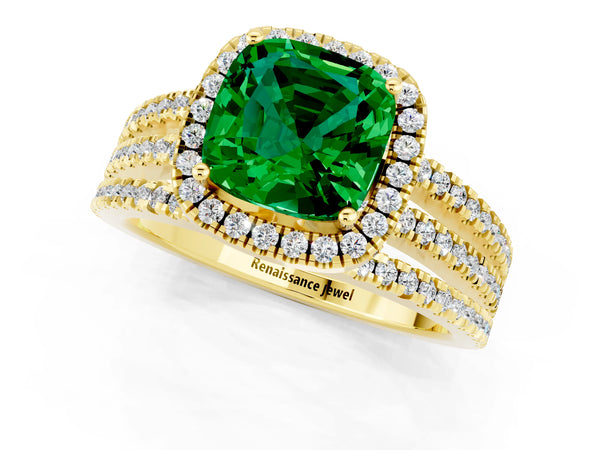 Yellow gold Cushion Cut Emerald Halo Engagement Ring with Split Shank and Four-Prong Setting