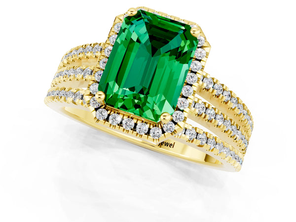 Yellow gold Emerald Cut Emerald Halo Engagement Ring with Split Shank and Four-Prong Setting