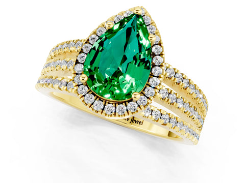 Yellow gold {shape_name} Emerald Halo Engagement Ring with Split Shank and Four-Prong Setting_1