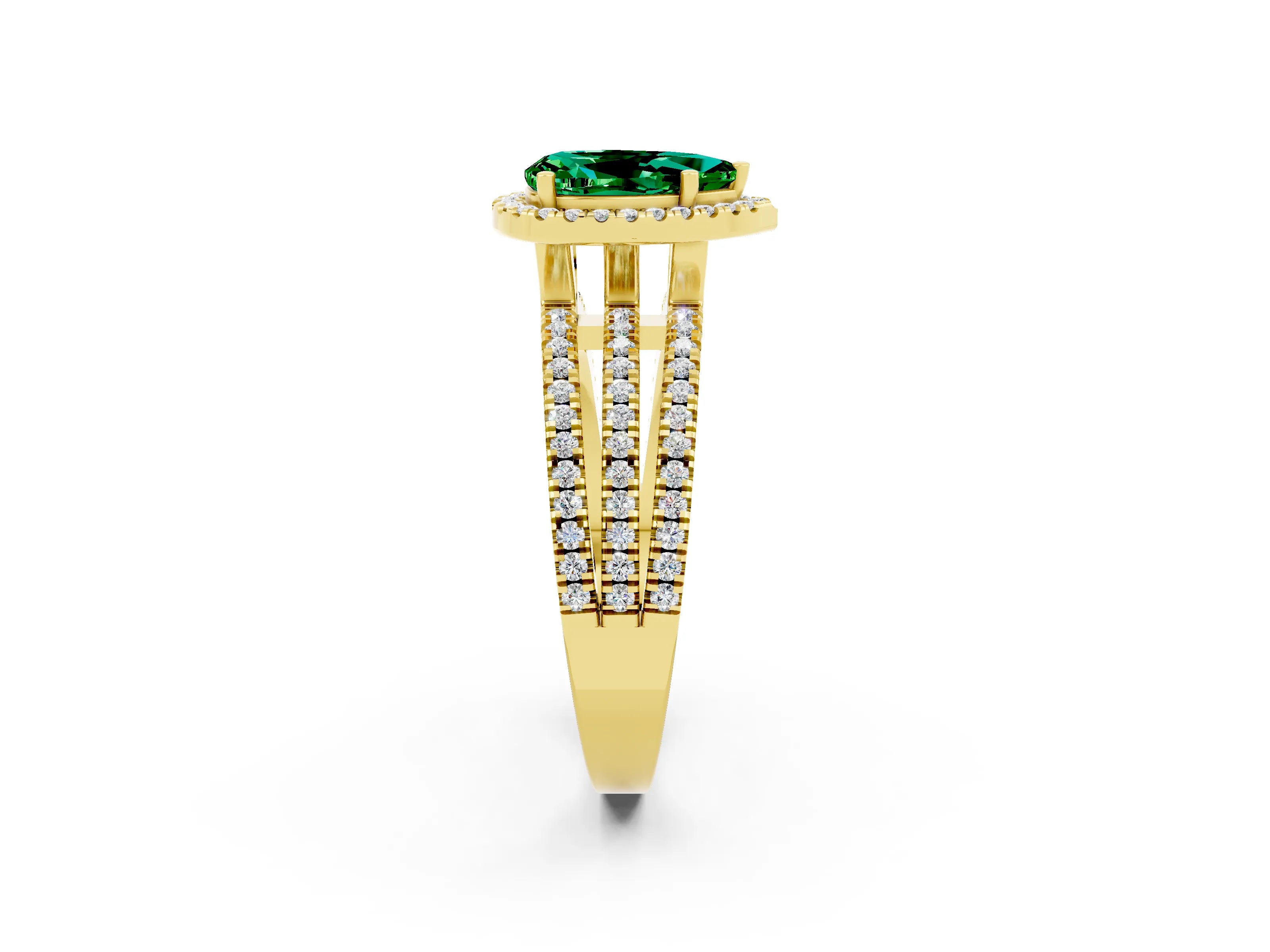 Yellow gold {shape_name} Emerald Halo Engagement Ring with Split Shank and Four-Prong Setting_2