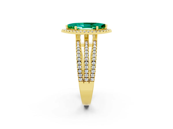 Yellow gold Marquise Cut Emerald Halo Engagement Ring with Split Shank and Four-Prong Setting