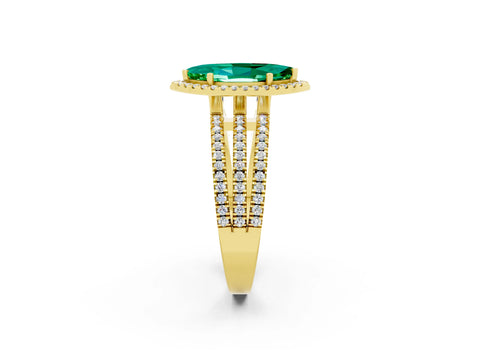 Yellow gold {shape_name} Emerald Halo Engagement Ring with Split Shank and Four-Prong Setting_2
