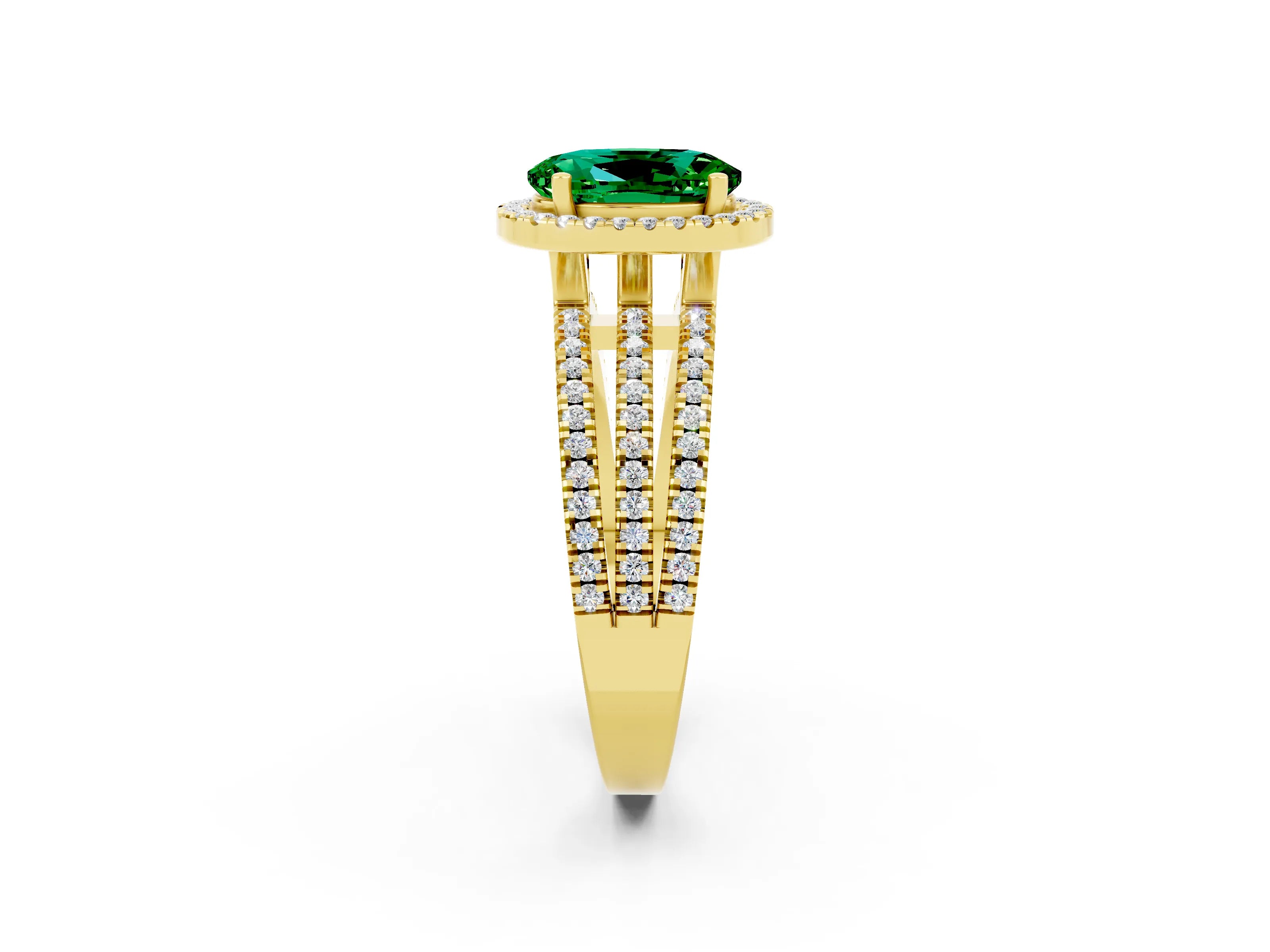 Yellow gold {shape_name} Emerald Halo Engagement Ring with Split Shank and Four-Prong Setting_2
