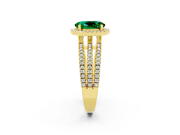 Yellow gold Oval Cut Emerald Halo Engagement Ring with Split Shank and Four-Prong Setting