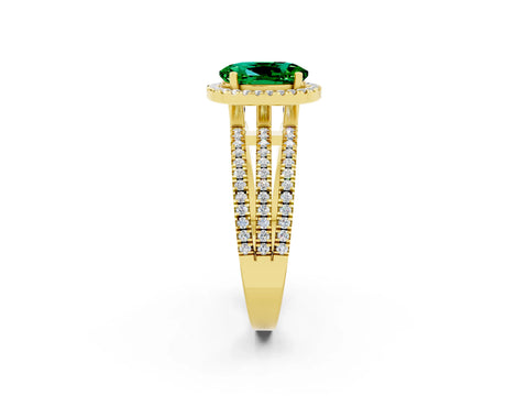 Yellow gold {shape_name} Emerald Halo Engagement Ring with Split Shank and Four-Prong Setting_2