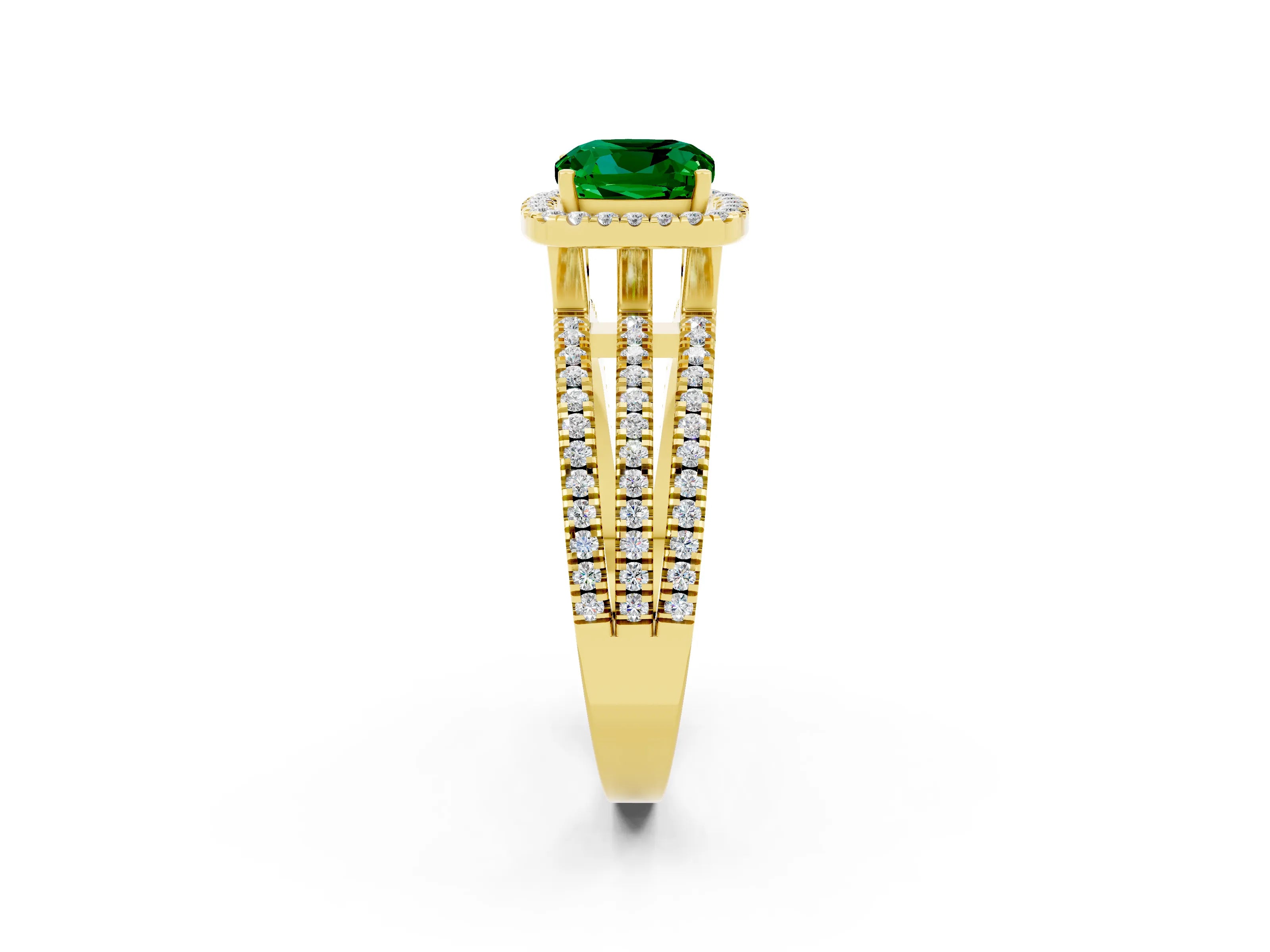 Yellow gold {shape_name} Emerald Halo Engagement Ring with Split Shank and Four-Prong Setting_2