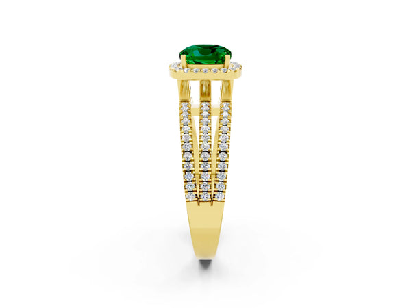 Yellow gold Cushion Cut Emerald Halo Engagement Ring with Split Shank and Four-Prong Setting
