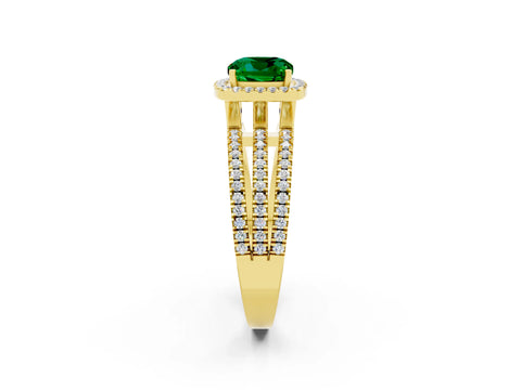 Yellow gold {shape_name} Emerald Halo Engagement Ring with Split Shank and Four-Prong Setting_2